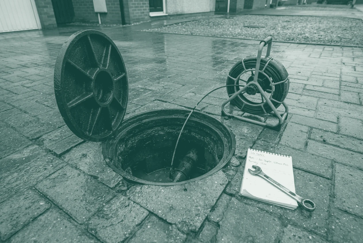 An open inspection chamber in a block-paved driveway with a drain survey camera reel on the paving beside it, cable fed down into the chamber, and a notepad of pencilled figures weighted by a spanner.