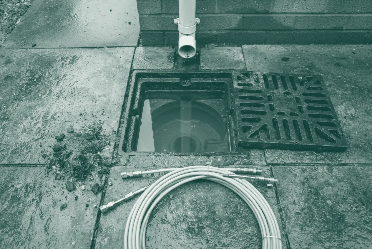 A yard gully seen from above with its cast grating lifted off onto the paving: the trapped pot below is clean and full of clear water, silt swept into a heap, jetting hose coiled beside it.