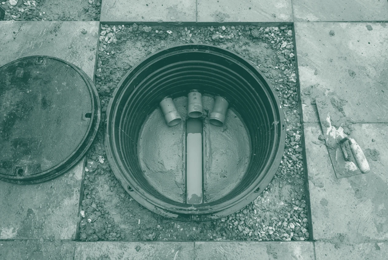 Looking straight down into a new 450 mm plastic inspection chamber with the cover lifted off beside it: wet concrete benching, three channel inlets, clear water standing in the channel.