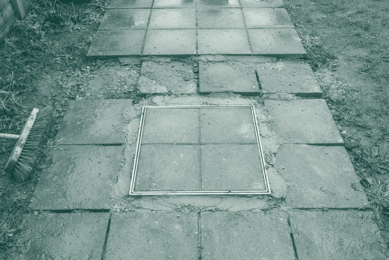 A finished back-garden path from above: the trench has been backfilled and the slabs relaid, with one new square inspection cover set flush in the run of paving and the joints between old and new slabs visible.