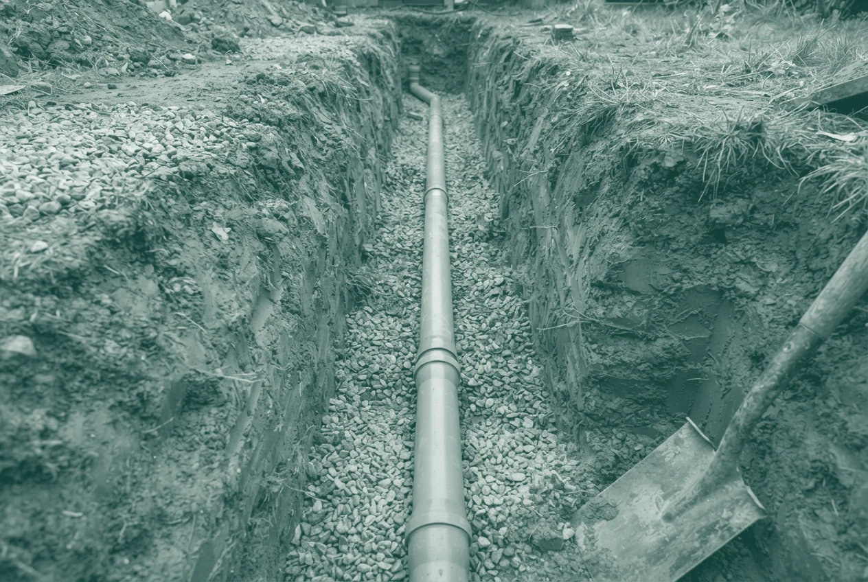 Looking down into an open trench in a back garden: a newly laid 110 mm plastic foul drain on a bed of pea shingle, socket joints visible, running away from camera between wet clay walls.