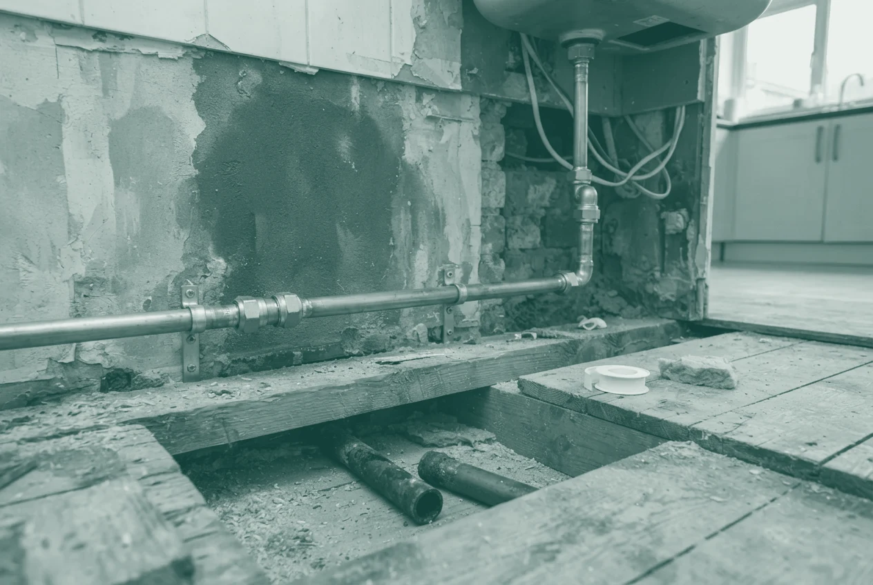 Floorboards lifted under a kitchen sink: a repaired 22 mm copper cold main crossing the frame on two new compression fittings, clipped to a joist, the cut ends of the old pipe lying below.